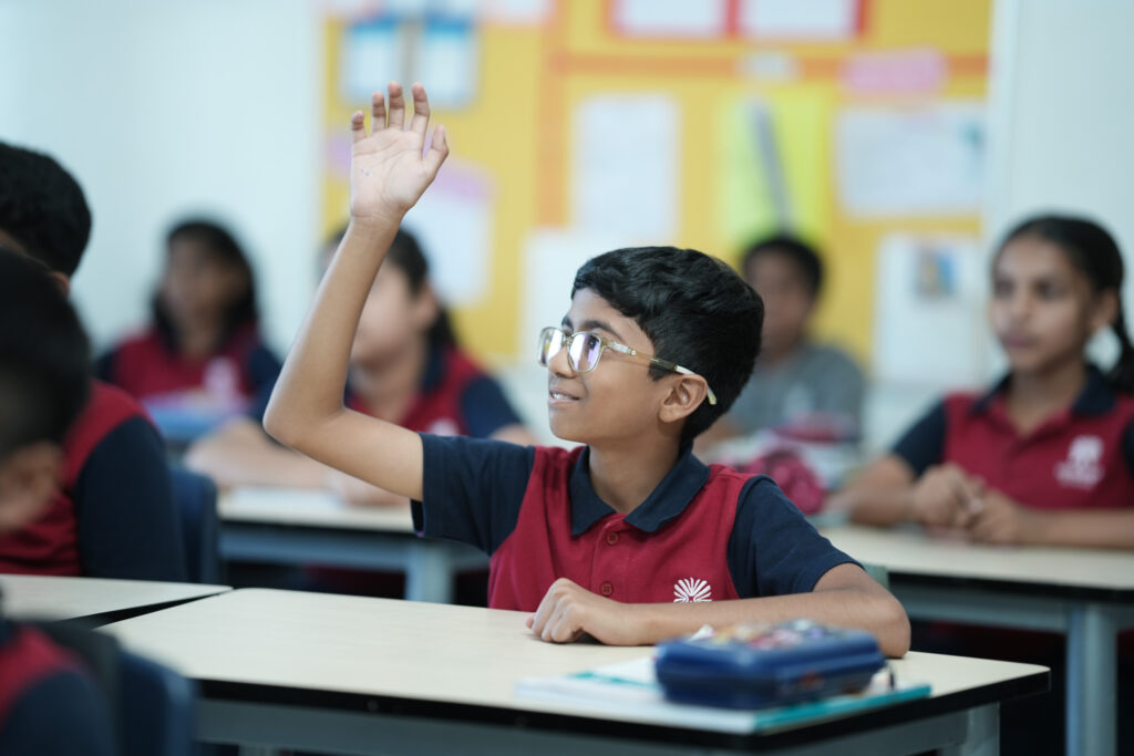 ICSE school student answering a question in class at Vidyashilp School, Banashankari