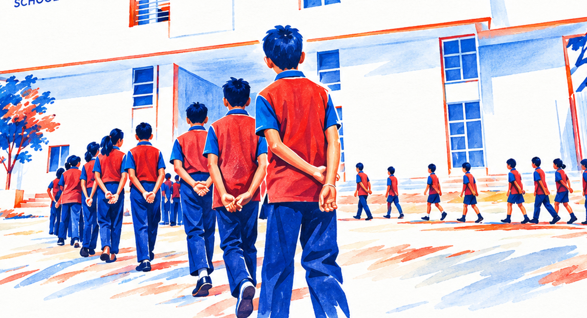 Child arriving at school for Grade 1 admission in Sarjapur